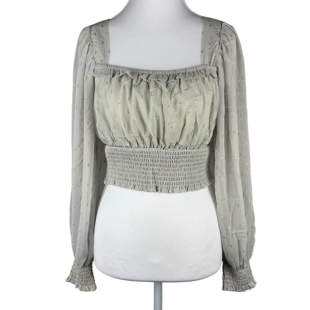 By The River Smocked Crop Top Small Square Neck Puff Sleeve Blouse Gray Gold Dot